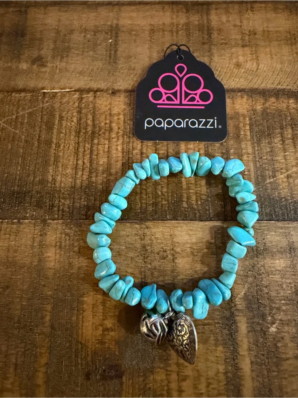 Paparazzi Turquoise Chip Stretch Bracelet with Silver Heart Charms